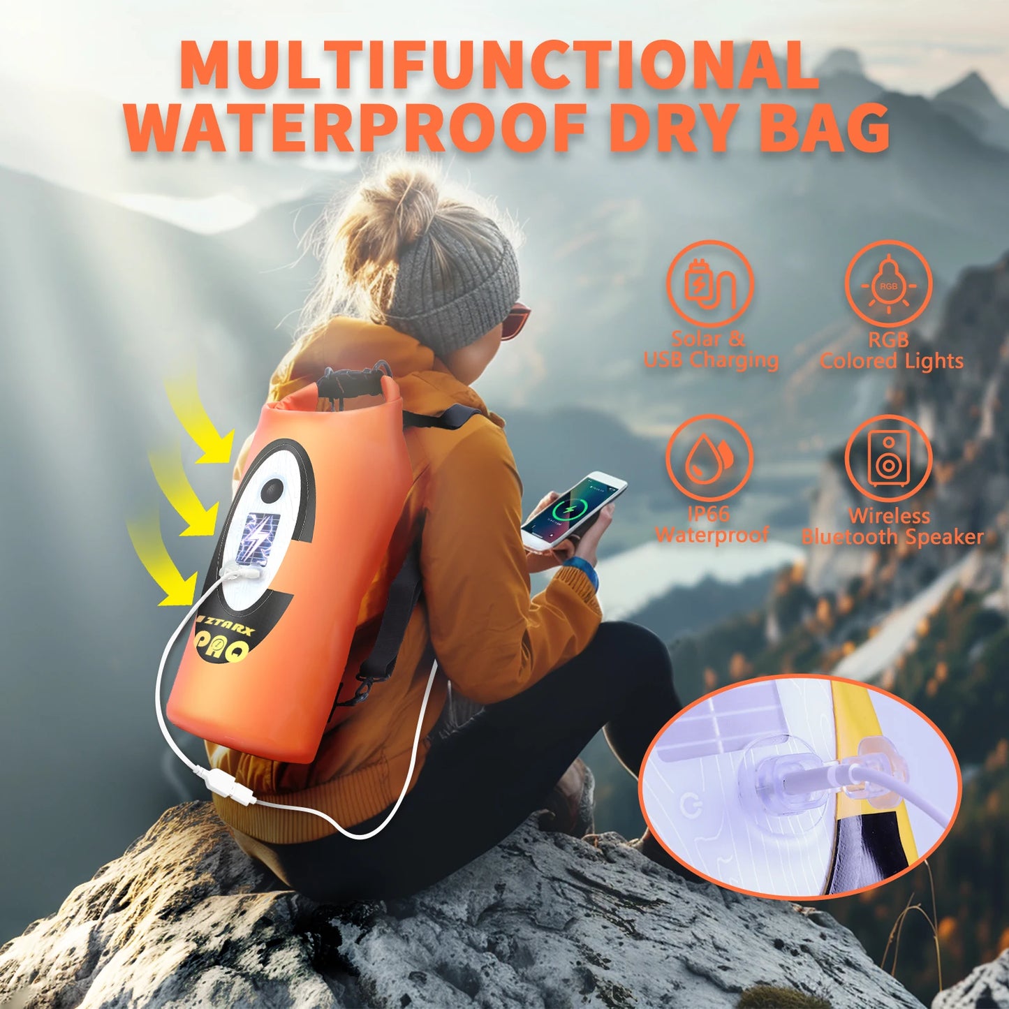 SELORSS Solar Powered Bluetooth Hiking Backpack Waterproof