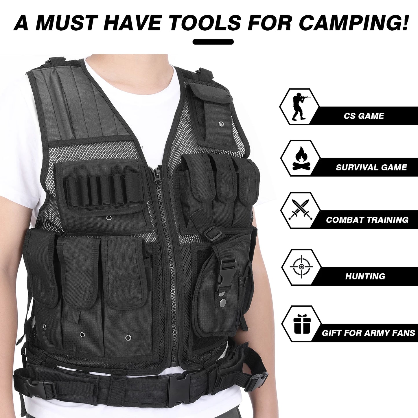Youthink Tactical Vest Multi Pocket Breathable Airsoft